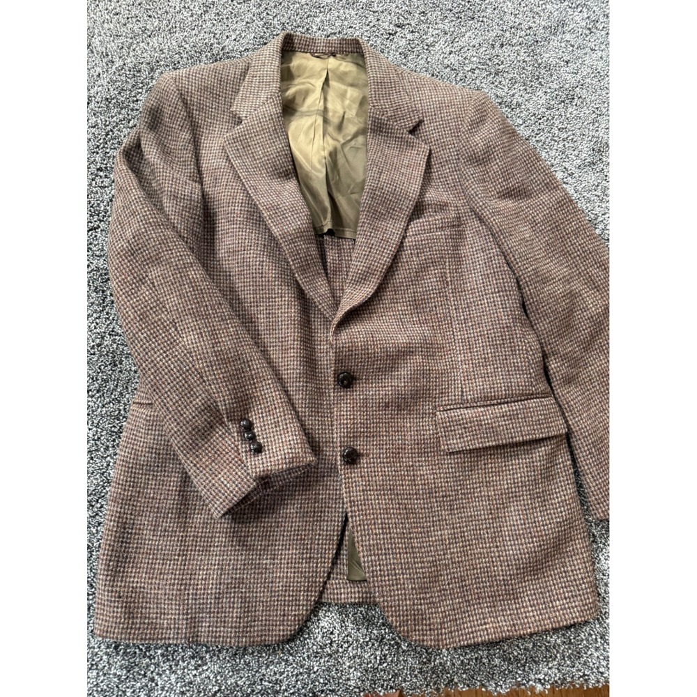 Stafford Harris Tweed Mens Brown Houndstooth Wool Blazer Sport Coat Handwoven